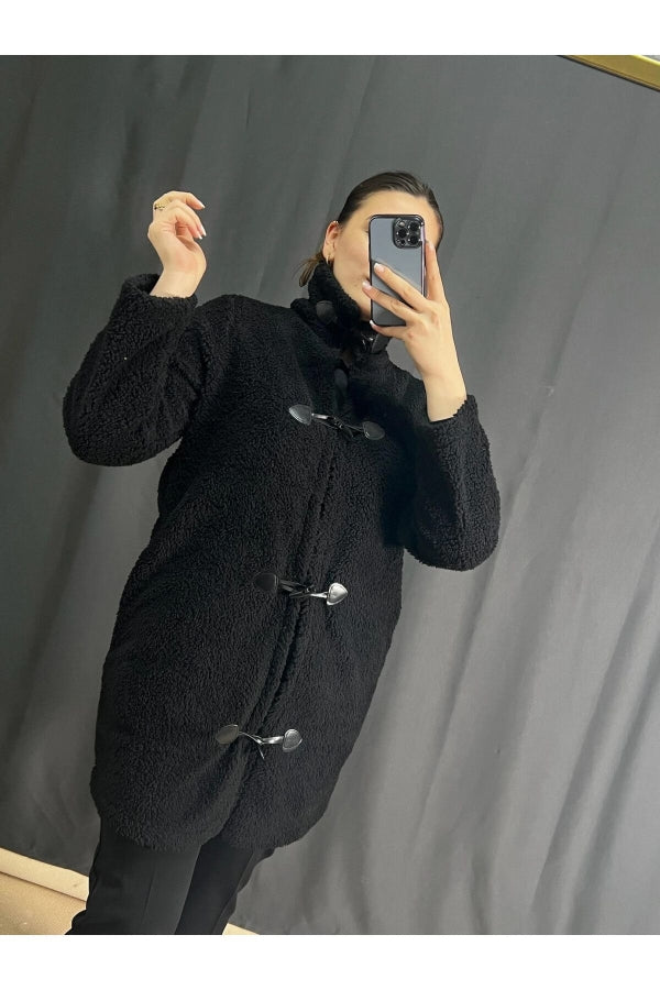 Büyük Beden Boğazlı Önü Kapamalı Cepli Peluş Kaban 302660 Vervegrand