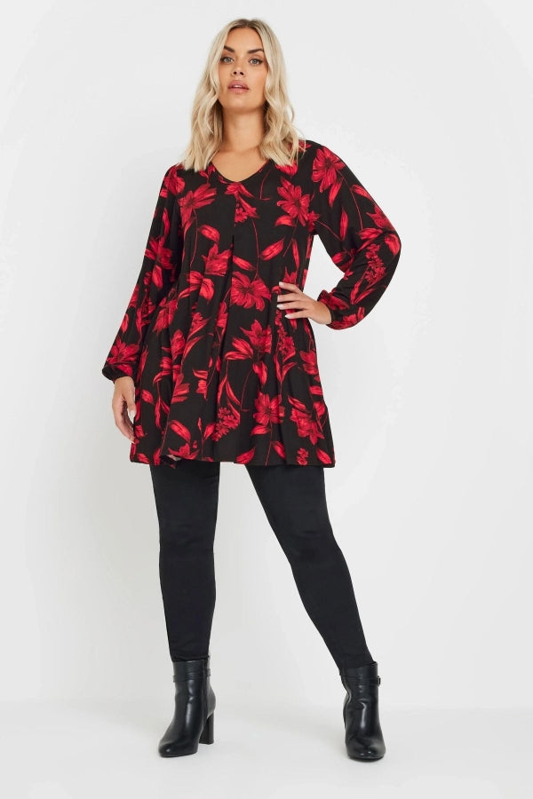 Büyük Beden Uzun Kollu V Yaka Önü Pileli Çiçek Desenli Bluz 303721 Vervegrand