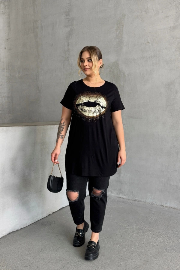 Büyük Beden Kısa Kollu Bisiklet Yaka Taş İşlemeli T-shirt 302264 Vervegrand