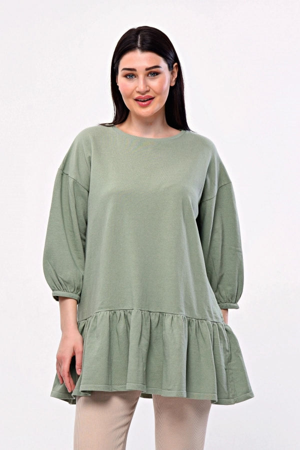 Büyük Beden Eteği Fırfır Detaylı Yarım Balon Kol Bluz 171915 Vervegrand