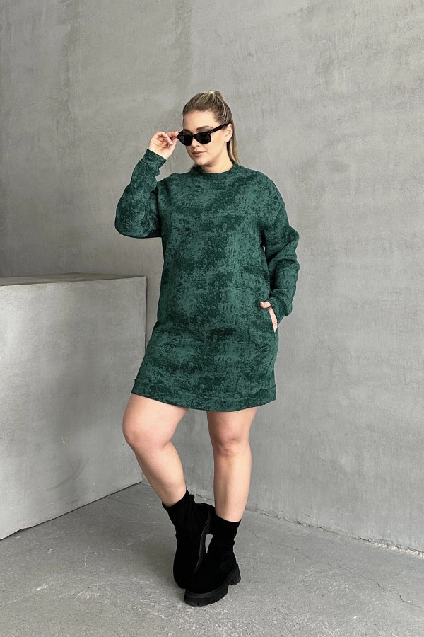 Büyük Beden Uzun Kollu Bisiklet Yaka Cepli Desenli Elbise 106-77 Vervegrand