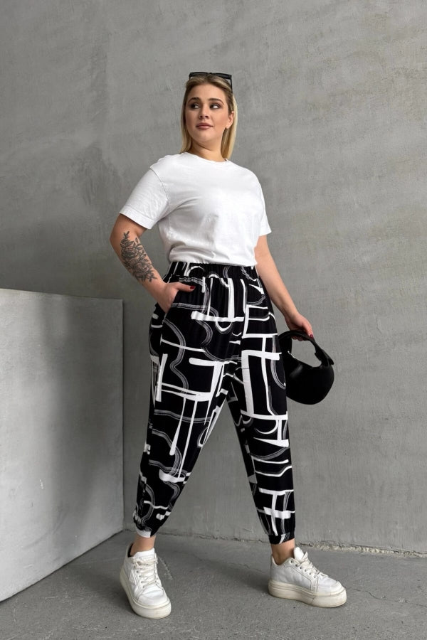 Büyük Beden Beli ve Paçası Lastikli Desenli Cepli Pantolon 98-4 Vervegrand