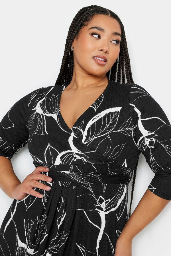 Büyük Beden V Yaka Desenli Kuşaklı Likralı Yarım Kol Anvelop Elbise 302692 Vervegrand