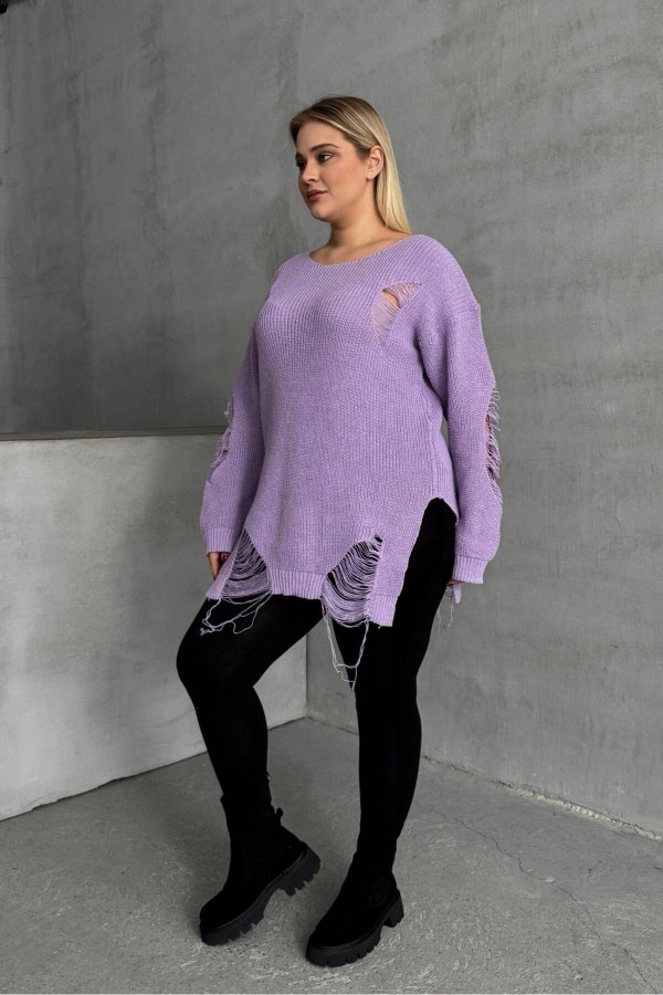 Büyük Beden Uzun Kollu Bisiklet Yaka Yırtık Detaylı Triko Kazak T-3 Vervegrand