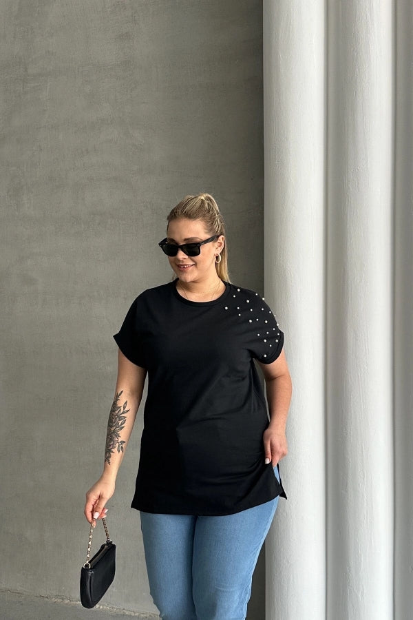 Büyük Beden Kısa Kollu Bisiklet Yaka Yanları Yırtmaçlı Boncuklu Basic T-shirt RFT-03 Vervegrand