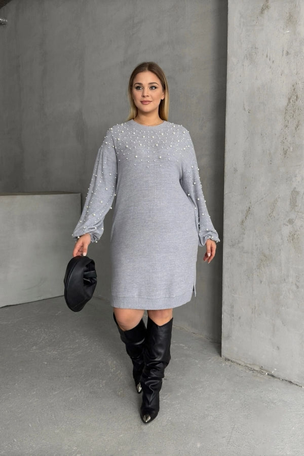 Büyük Beden Bisiklet Yaka Balon Kol Boncuk İşlemeli Triko Elbise 302668 Vervegrand