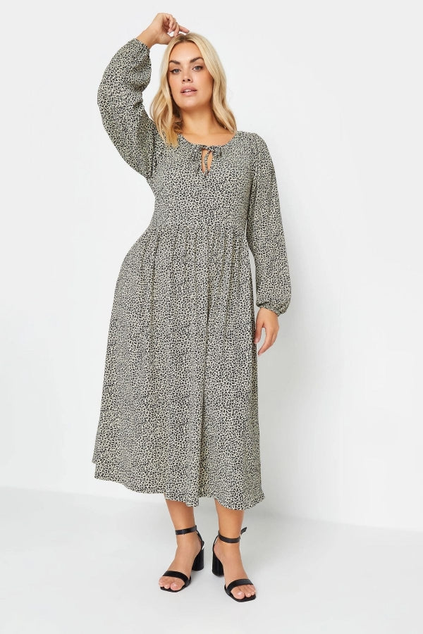 Büyük Beden Yakası Bağlama Detaylı Uzun Kollu Leopar Desenli Elbise 137780 Vervegrand