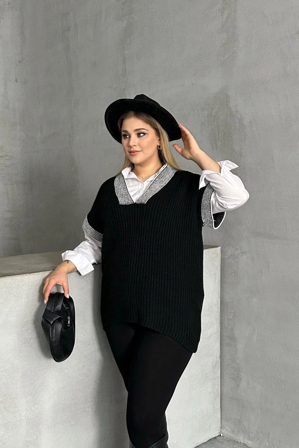 Büyük Beden V Yaka Kısa Kollu Triko Süveter 302139 Vervegrand