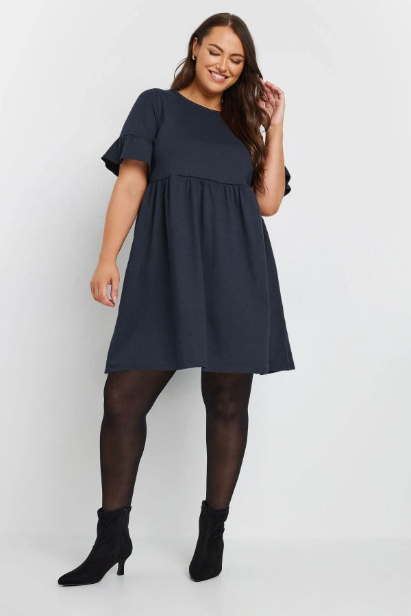 Büyük Beden Bisiklet Yaka Kısa Fırfır Kollu Beli Lastikli Mini Elbise 303646 Vervegrand