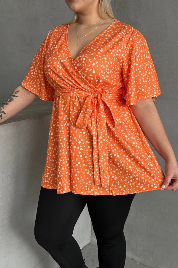 Büyük Beden Kısa Kollu V Yaka Önü Bağlama Detaylı Bluz 97-40 Vervegrand