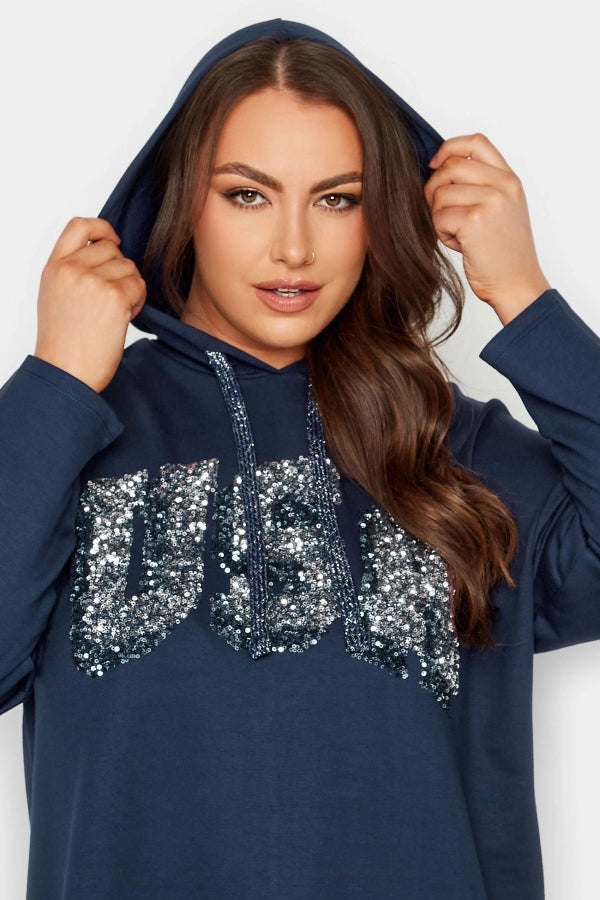 Büyük Beden Kapüşonlu Payetli Asimetrik Uzun Kesim Sweatshirt 301768 Vervegrand