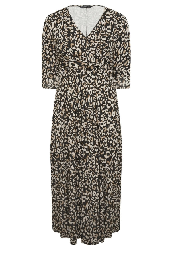 Büyük Beden Leopar Desenli Beli Kuşaklı Kruvaze Yaka Uzun Elbise 302693 Vervegrand