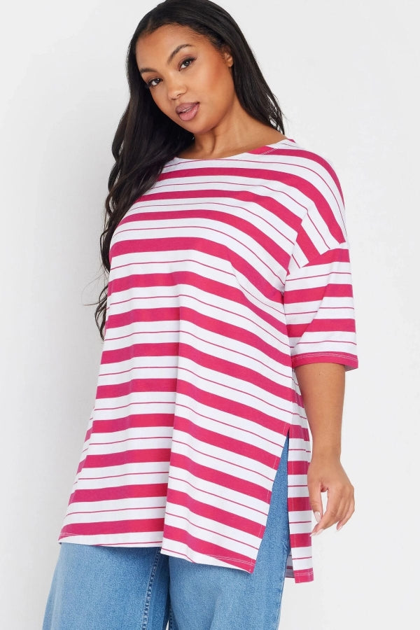 Büyük Beden Bisiklet Yaka Kısa Kollu Yanları Yırtmaçlı Çizgili T-shirt 303945 Vervegrand