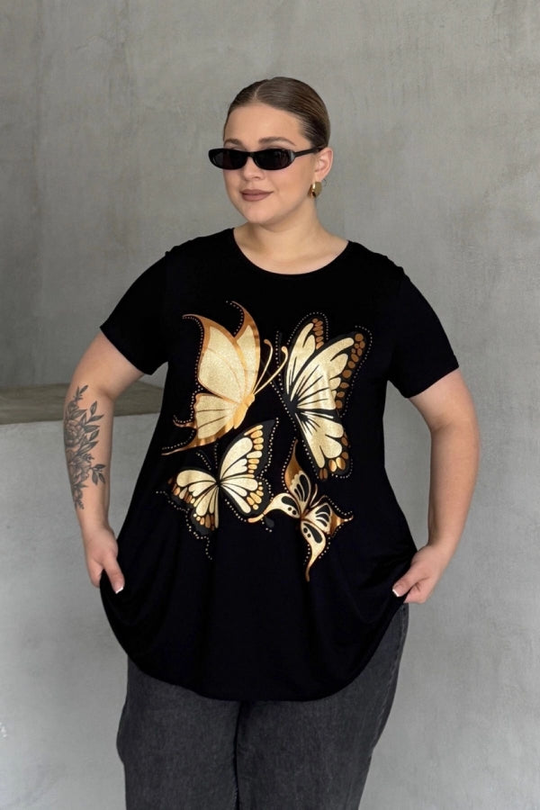 Büyük Beden Kelebek Baskılı Parlak Simli T-shirt 302275 Vervegrand
