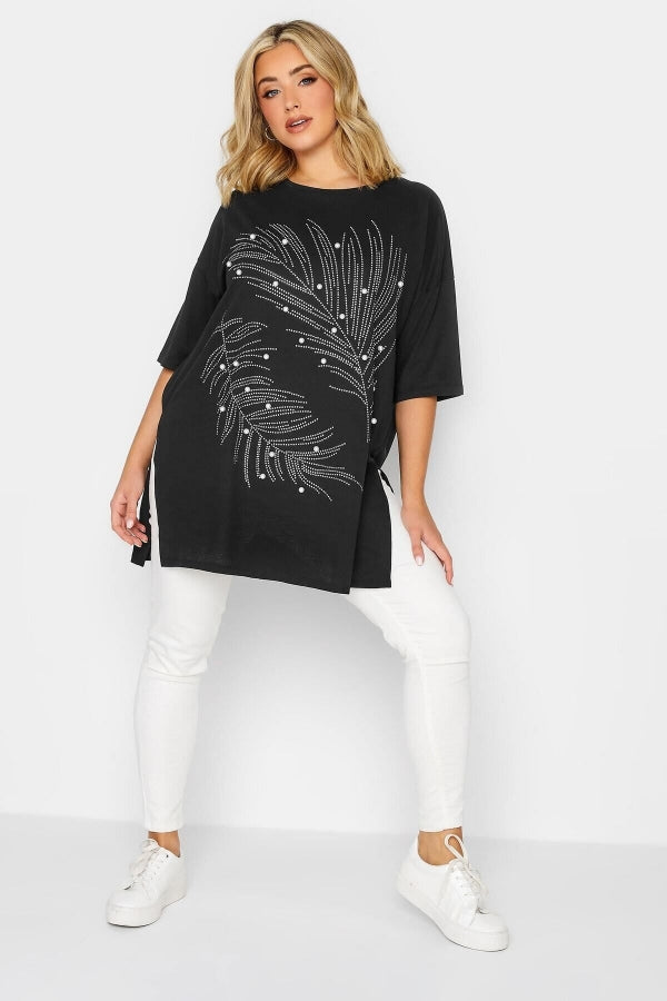 Büyük Beden Bisiklet Yaka Yırtmaç Detaylı Boncuk İşlemeli T-shirt 302044 Vervegrand