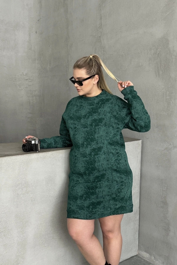 Büyük Beden Uzun Kollu Bisiklet Yaka Cepli Desenli Elbise 106-77 Vervegrand