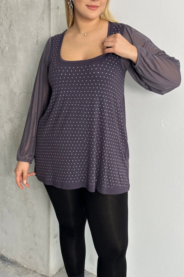 Büyük Beden Uzun Tül Kol Önü Taş İşlemeli Bisiklet Yaka Bluz 321850-U Vervegrand