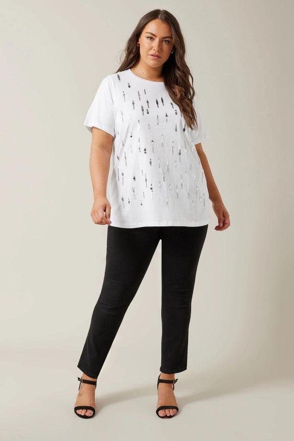 Büyük Beden Bisiklet Yaka Payet Süslemeli Kısa Kollu T-shirt 615558 Vervegrand