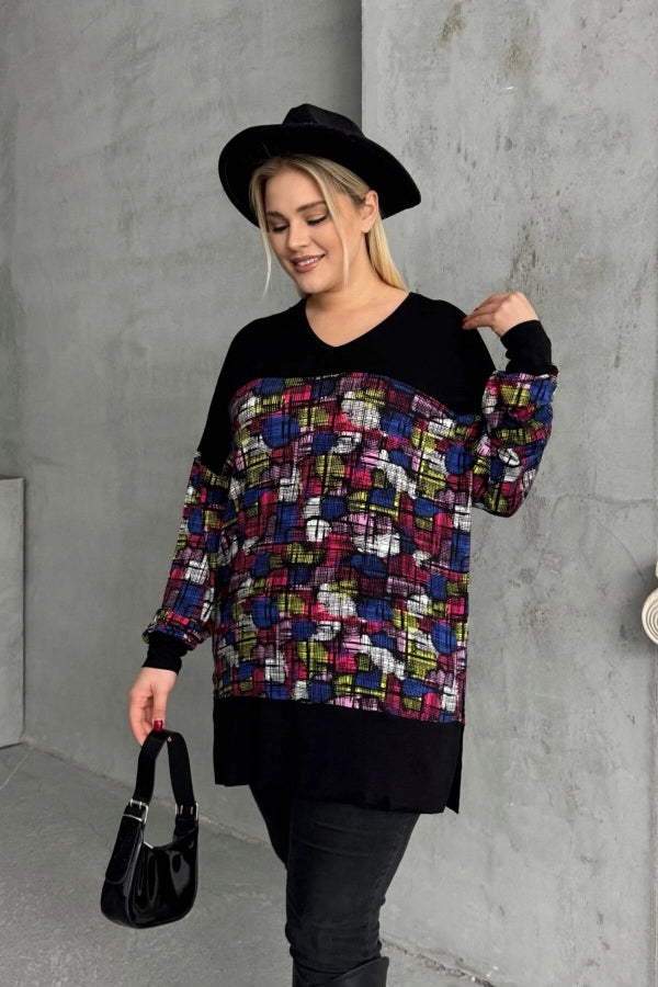 Büyük Beden Uzun Kollu V Yaka Yanı Yırtmaçlı Desenli Bluz 89-45 Vervegrand
