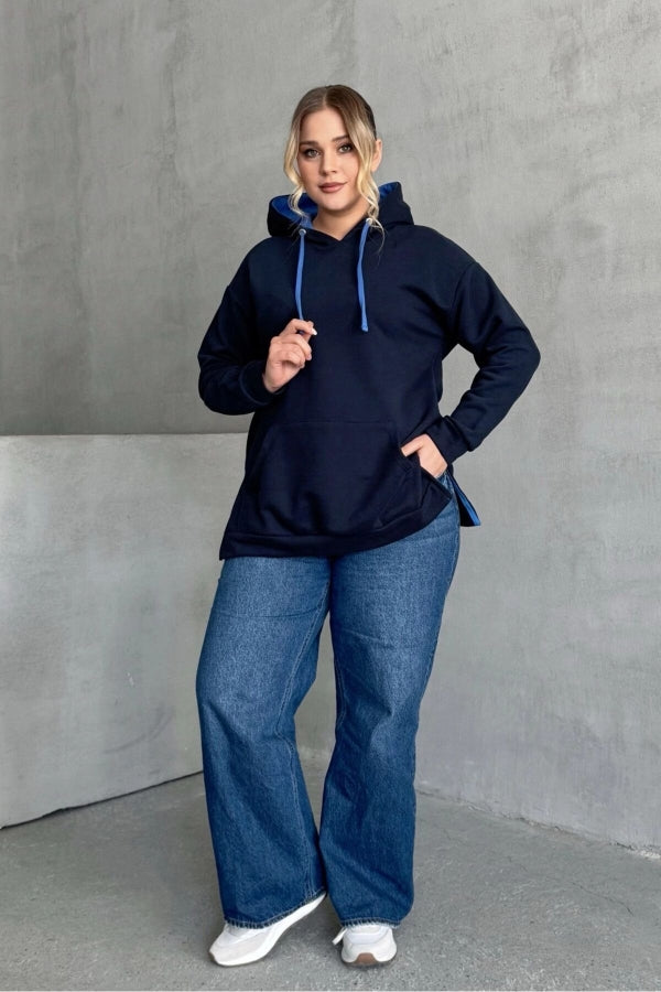 Vervegrand büyük beden sweatshirt kontrast mavi detaylı kapüşon