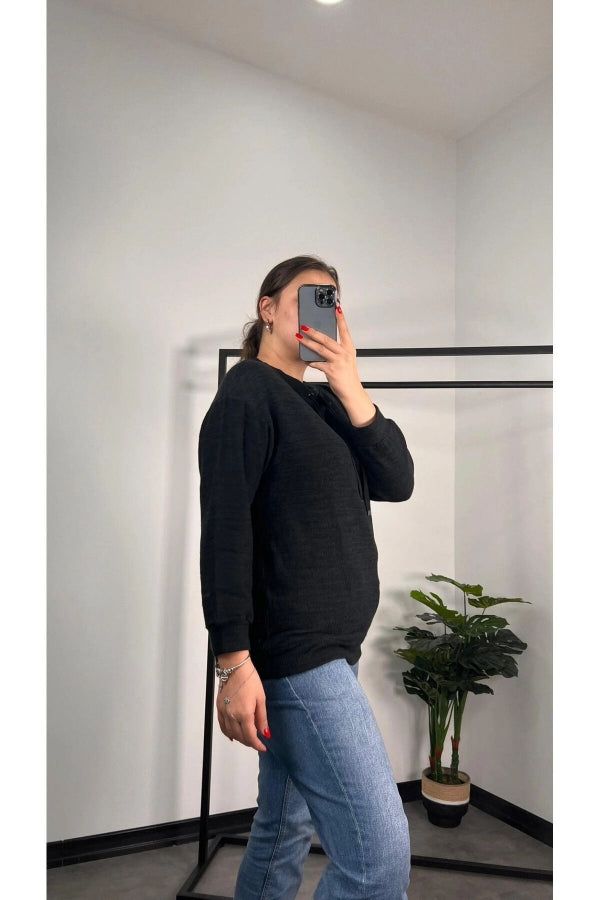 Büyük Beden Kapüşonsuz Yakası Bağcıklı Uzun Kollu Sweatshirt 301520 Vervegrand