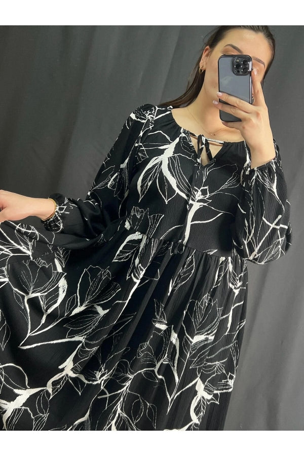 Büyük Beden Önü Bağlamalı Desenli Uzun Kollu Midi Elbise 302741 Vervegrand