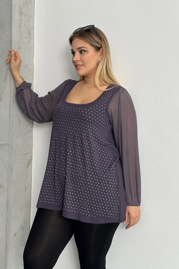 Büyük Beden Uzun Tül Kol Önü Taş İşlemeli Bisiklet Yaka Bluz 321850-U Vervegrand