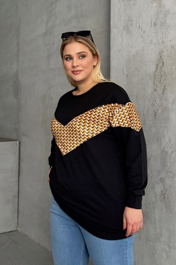 Büyük Beden Bisiklet Yaka Uzun Kollu Desenli Sweatshirt 300334 Vervegrand