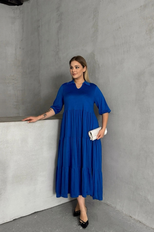 Büyük Beden V Yaka Yarım Kollu Beli Lastikli Uzun Elbise 302149 Vervegrand