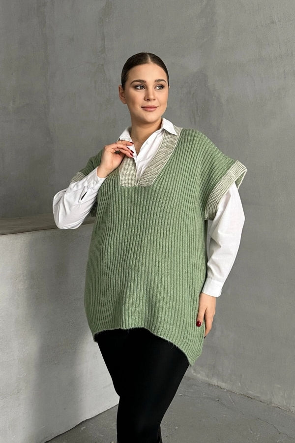 Büyük Beden V Yaka Kısa Kollu Triko Süveter 302136 Vervegrand