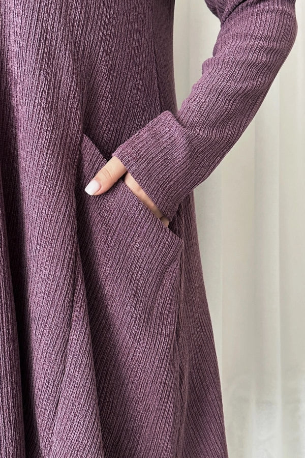 Büyük Beden Uzun Kollu Bisiklet Yaka Cepli Fitilli Elbise 100-186 Vervegrand