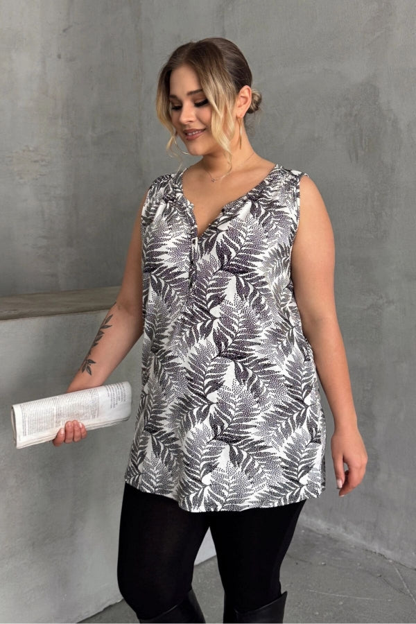 Büyük Beden Sıfır Kol Desenli V Yaka Önü Düğmeli Uzun Kesim Bluz 35047 Vervegrand