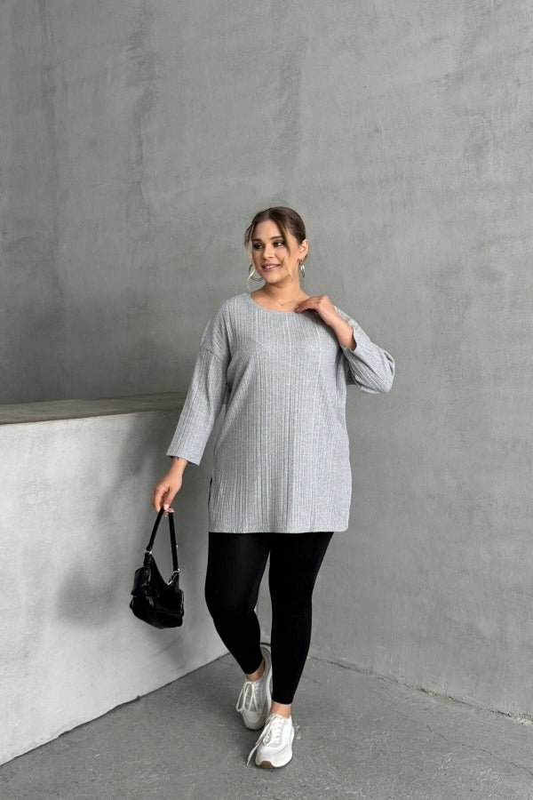 Büyük Beden Bisiklet Yaka Yarım Kollu Yırtmaçlı Fitilli İnce Bluz 173712 Vervegrand