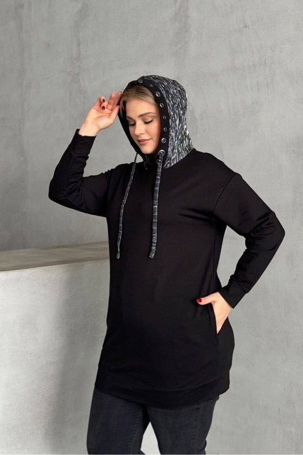 Büyük Beden Uzun Kollu Kapüşonu Desenli Cepli Sweatshirt 106-92 Vervegrand