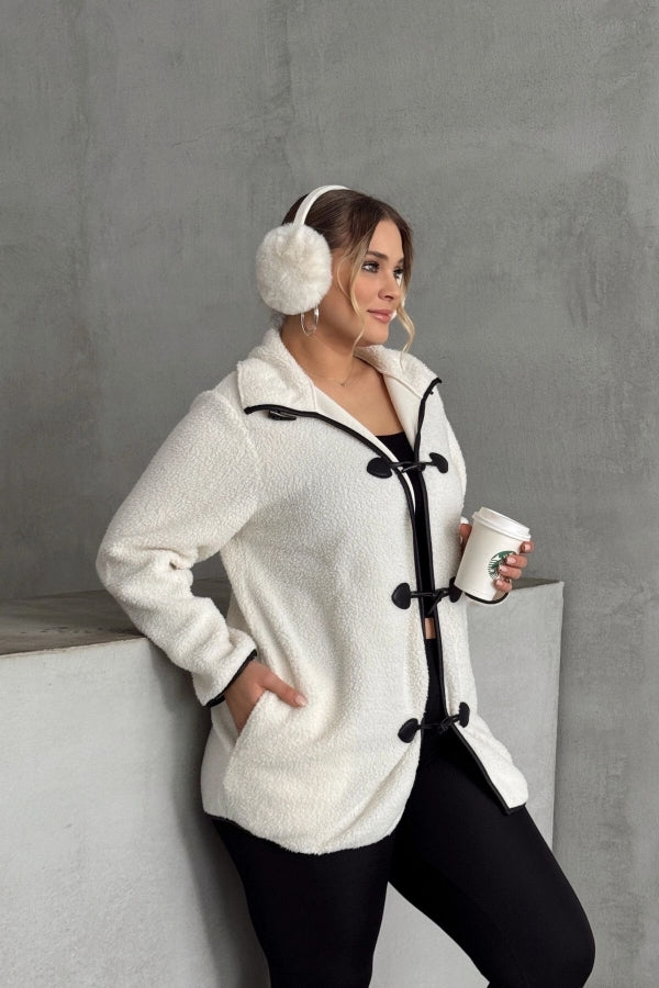 Büyük Beden Önü Kapamalı Cepli Uzun Kollu Peluş Mont 301816 Vervegrand