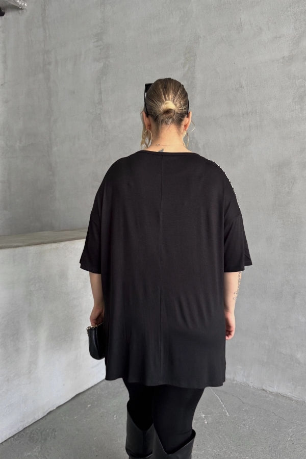 Büyük Beden Bisiklet Yaka Kısa Kollu Yırtmaç Detaylı Desenli Bluz 301623 Vervegrand