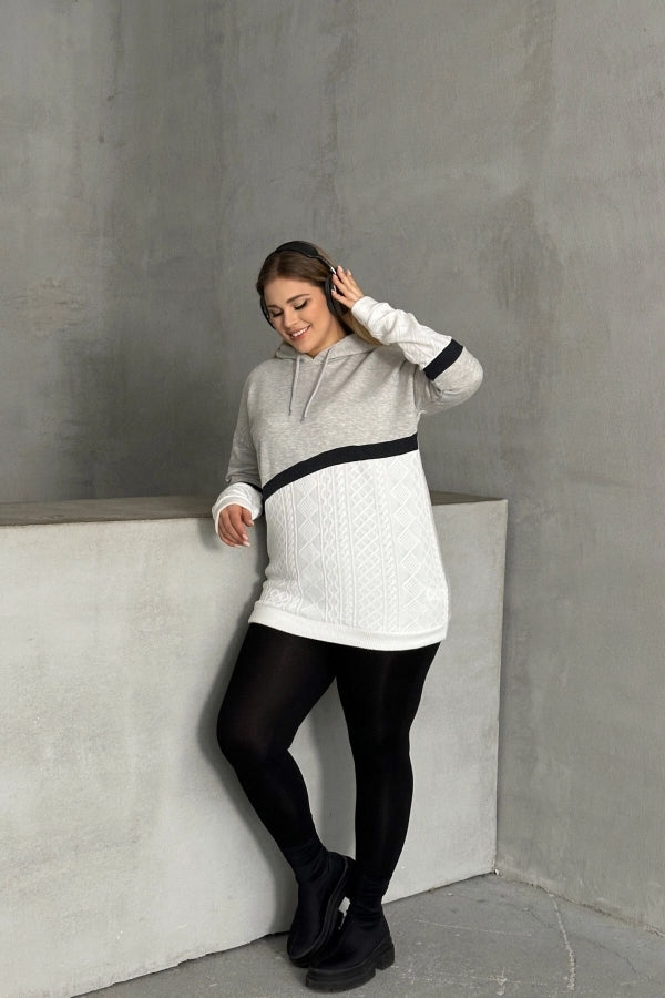 Büyük Beden Kapüşonlu Uzun Kollu İki Parça Görünümlü Cepsiz Sweatshirt 300264 Vervegrand