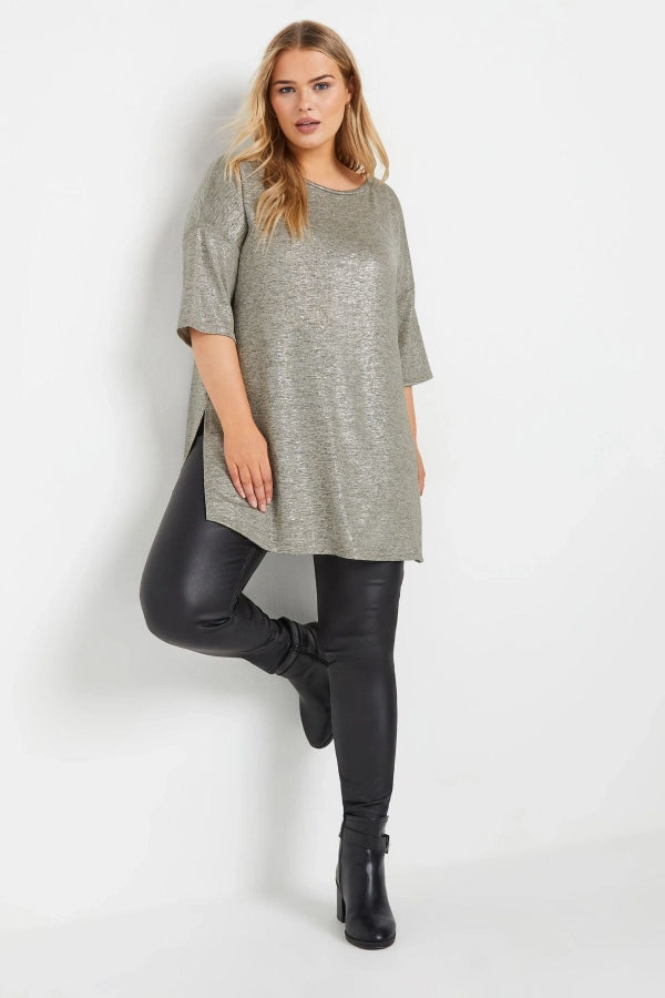 Büyük Beden Bisiklet Yaka Yarım Kollu Yırtmaçlı Parlak Görünümlü Bluz 303613 Vervegrand