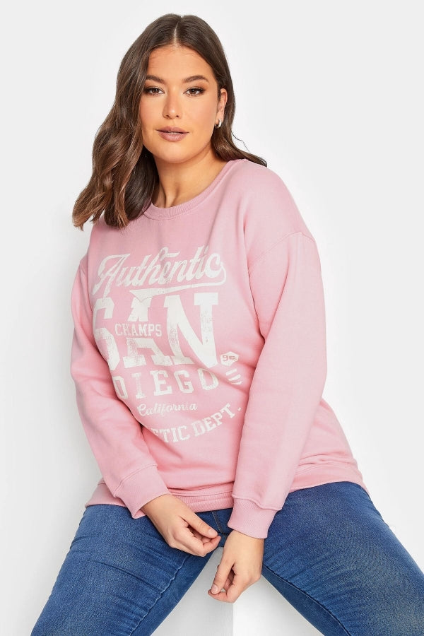 Vervegrand büyük beden pembe yazılı bisiklet yaka sweatshirt
