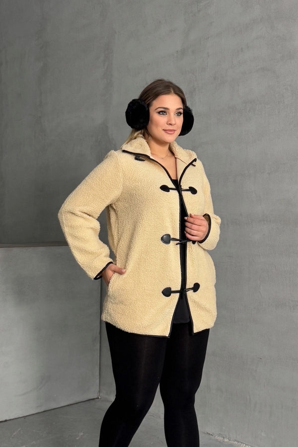 Büyük Beden Önü Kapamalı Cepli Uzun Kollu Peluş Mont 301815 Vervegrand