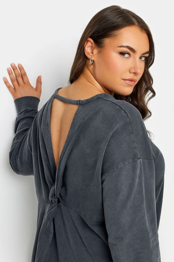 Büyük Beden Bisiklet Yaka Sırt Detaylı Uzun Kollu Yıkamalı Sweatshirt 302775 Vervegrand