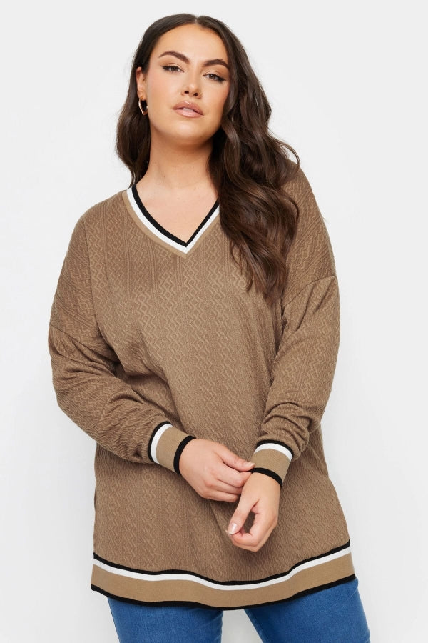 Büyük Beden V Yaka Uzun Kollu Şerit Detaylı Örgü Kazak 303221 Vervegrand