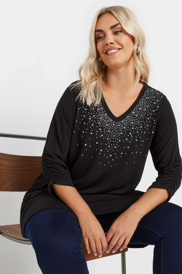 Büyük Beden V Yakası Taş İşlemeli Kolları Büzgülü Bluz 322223 Vervegrand