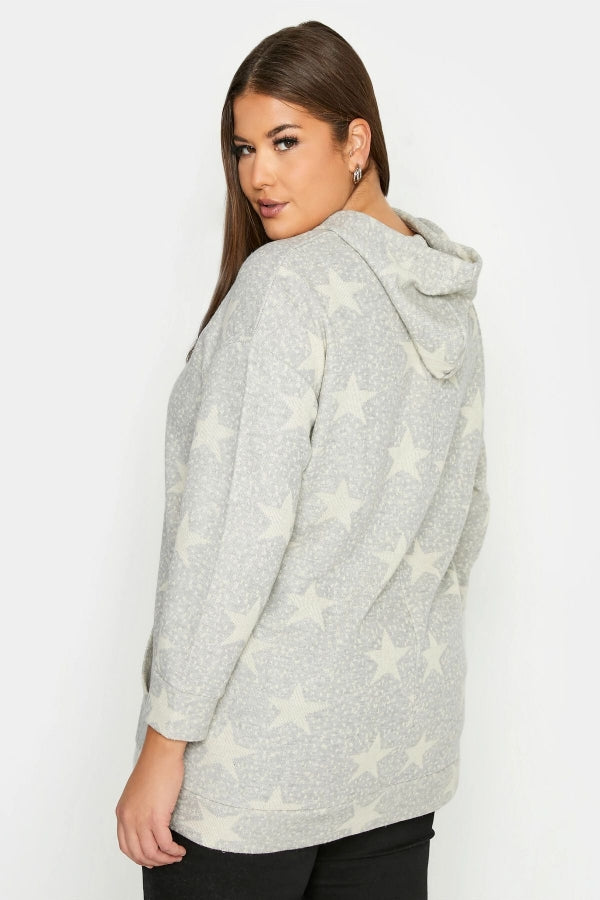 Büyük Beden Yıldız Baskılı Cepli Kapüşonlu Uzun Kollu Sweatshirt 300185 Vervegrand