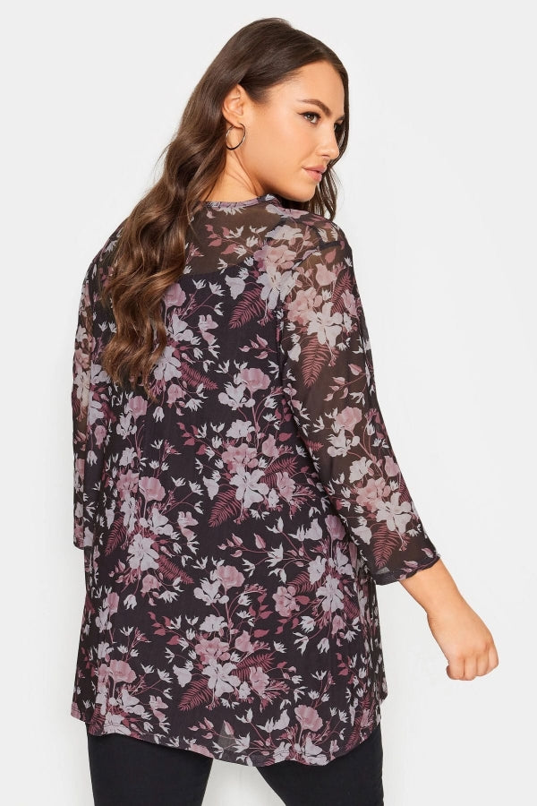 Büyük Beden Bisiklet Yaka Çiçek Desenli Uzun Kollu Tül Bluz 302700 Vervegrand