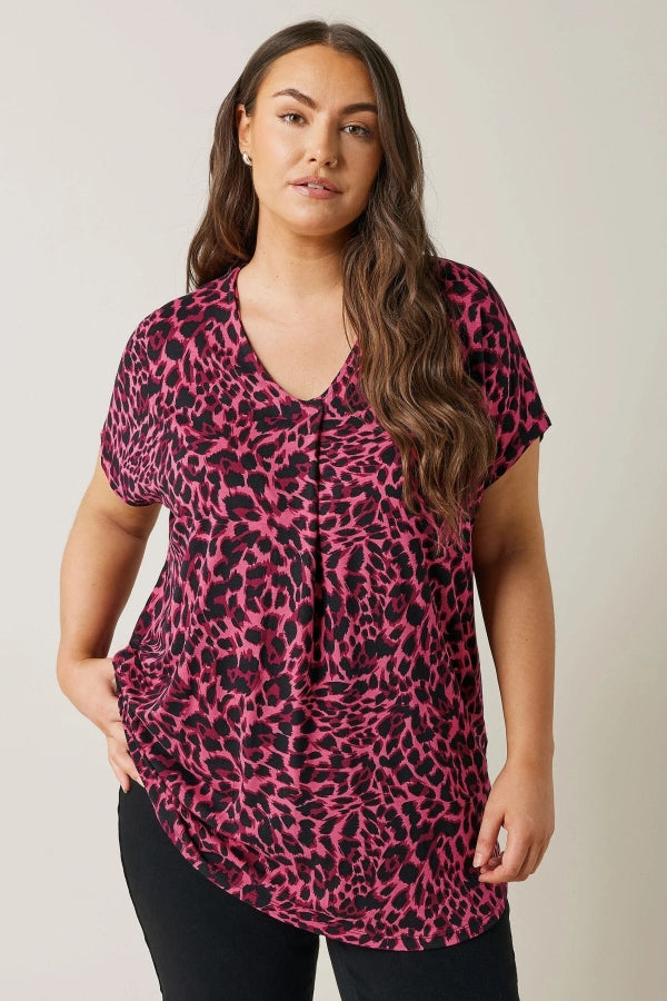 Büyük Beden Çentik Yaka Kısa Kollu Leopar Desenli Bluz 615606 Vervegrand