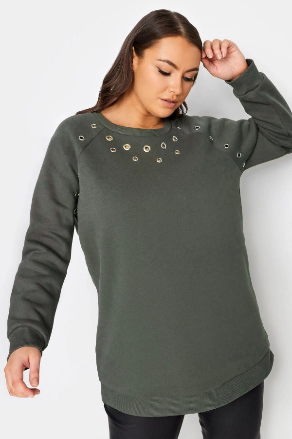 Büyük Beden Bisiklet Yaka Kuşgözü Detaylı Uzun Kollu Sweatshirt 302831 Vervegrand