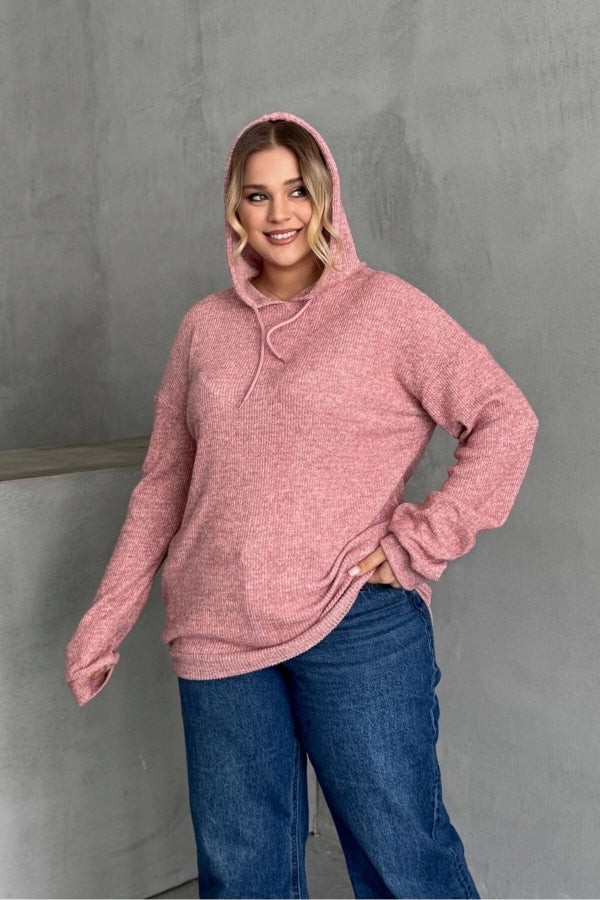 Büyük Beden Uzun Kollu Kapüşonlu Yanları Cepli İnce Örme Sweatshirt 300373 Vervegrand