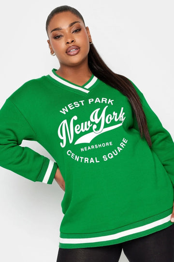 Vervegrand büyük beden yeşil V yaka baskılı sweatshirt