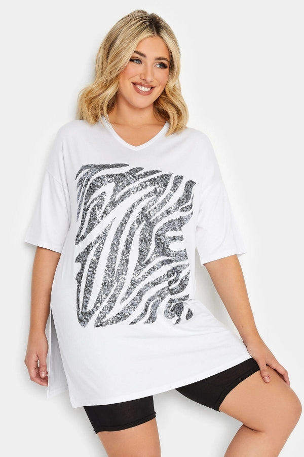 Vervegrand büyük beden payetli V yaka beyaz t-shirt ön görünüm